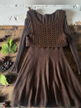 Knit Crochet Overlay Whimsigoth Cottagecore Midi Dress In Chocolate Brown